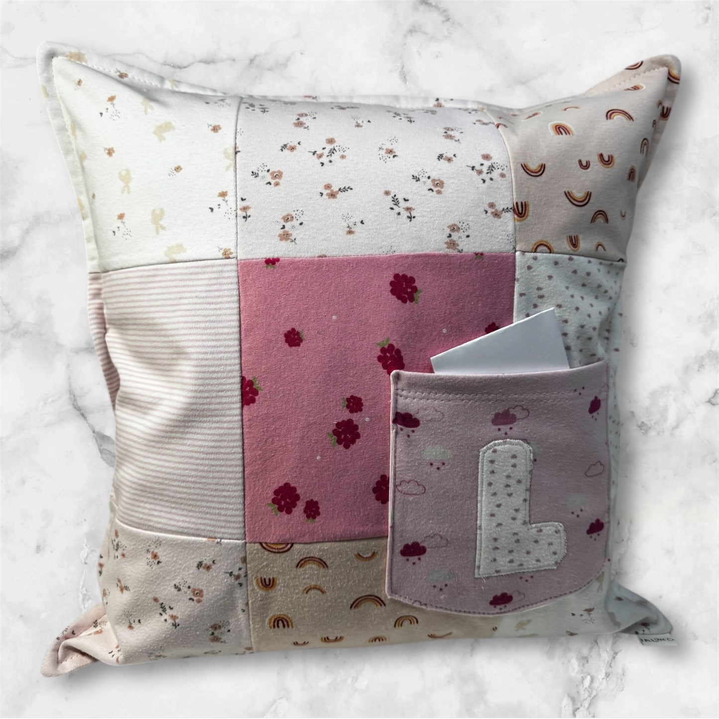 Made to Order Baby Clothes Memory Cushion with Pocket – Personalised Keepsake Pillow