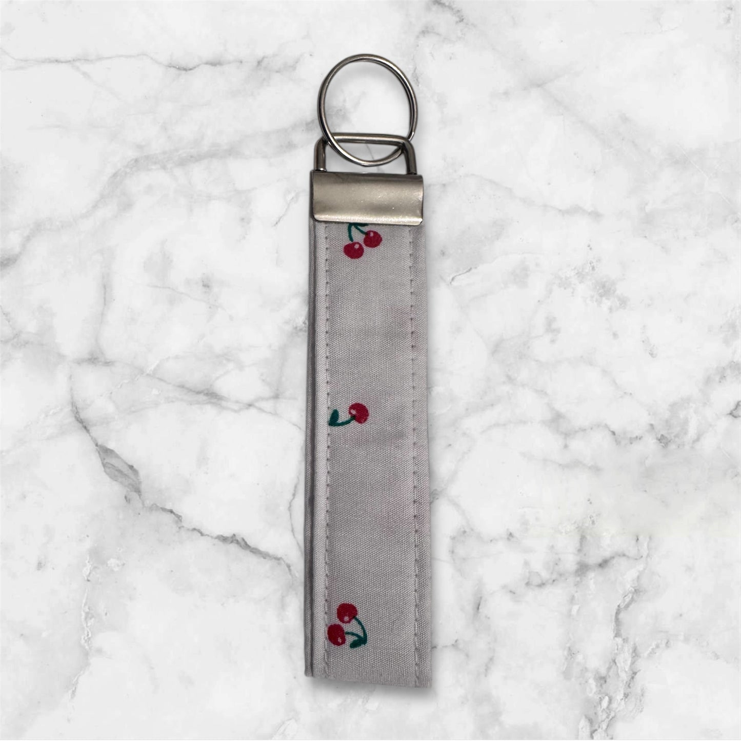 Handmade White Cherry Cotton Keychain Wristlet – Stylish Key Fob