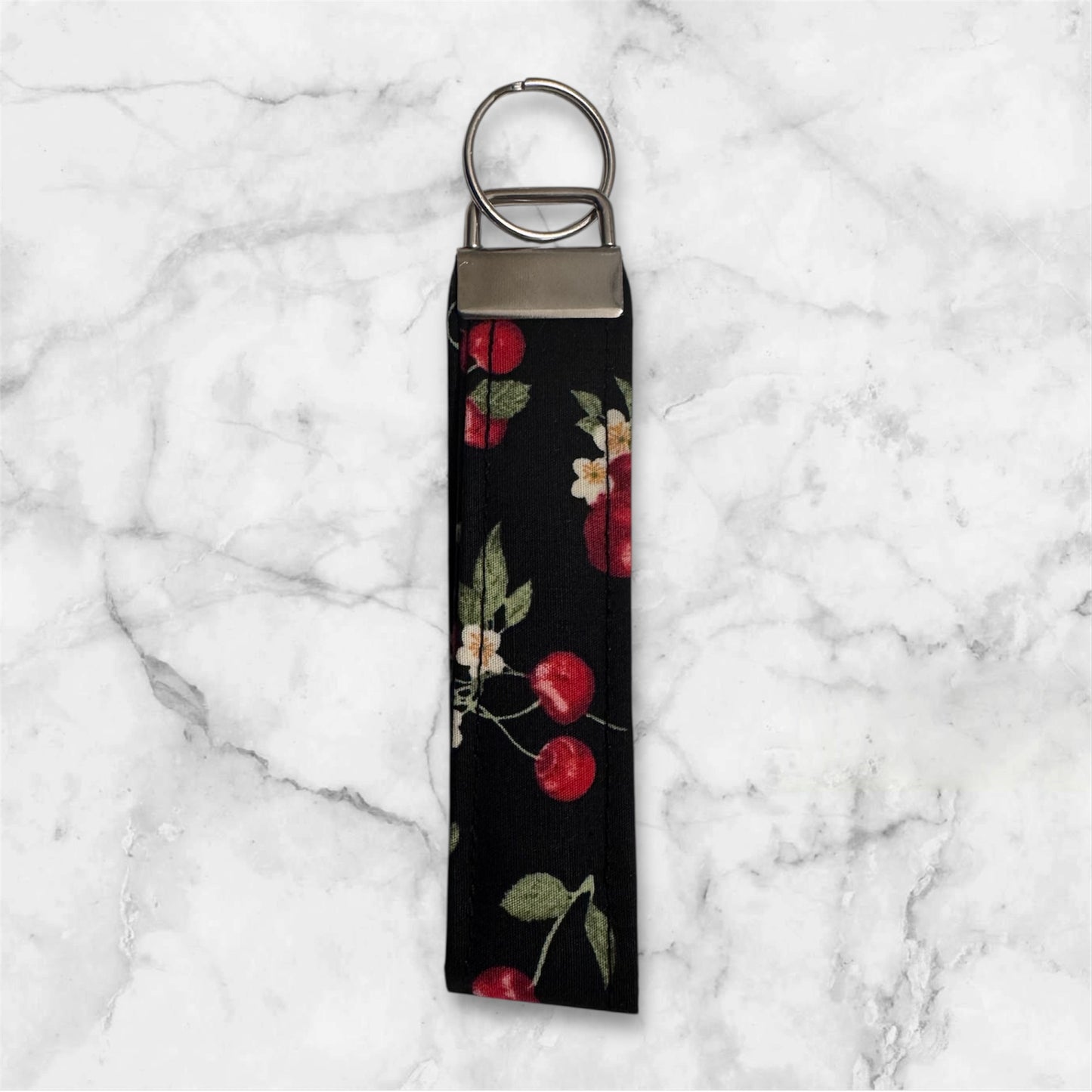 Handmade White Cherry Cotton Keychain Wristlet – Stylish Key Fob