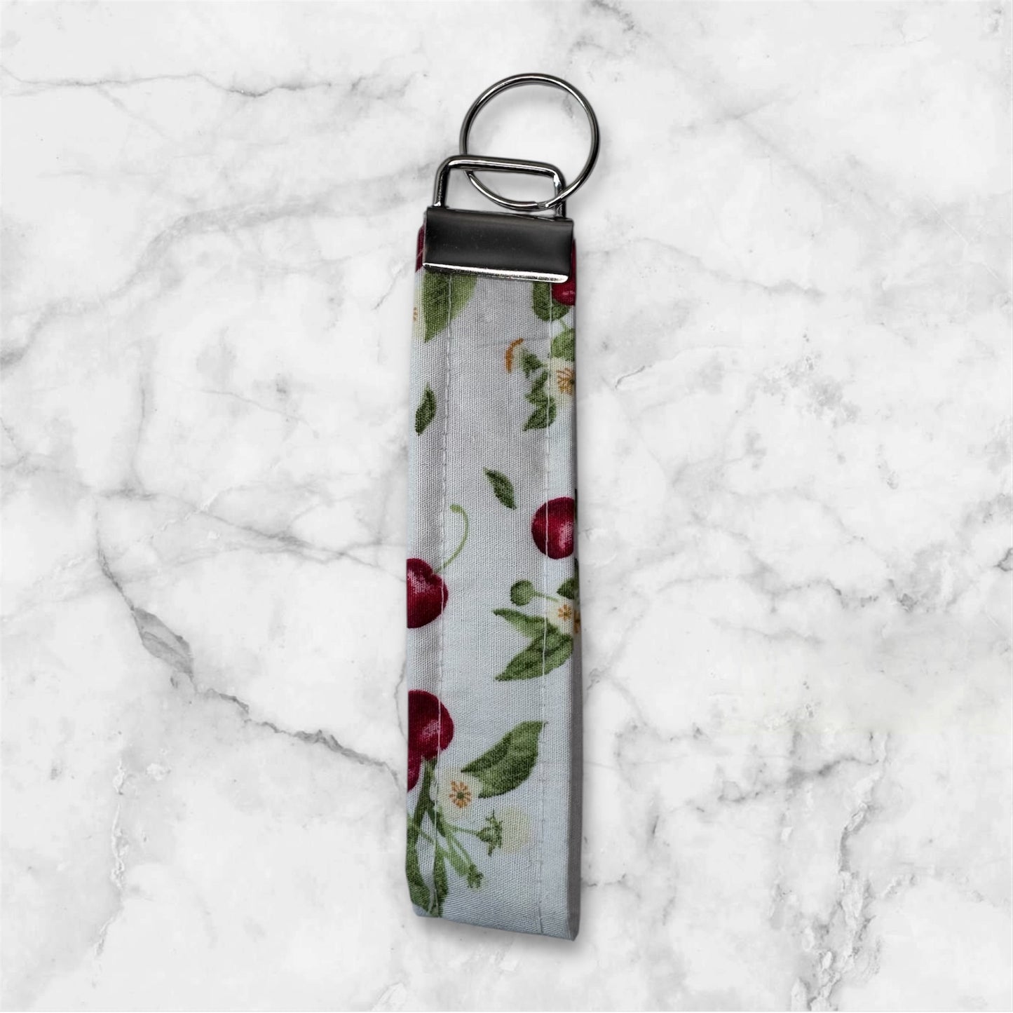 Handmade White Cherry Cotton Keychain Wristlet – Stylish Key Fob