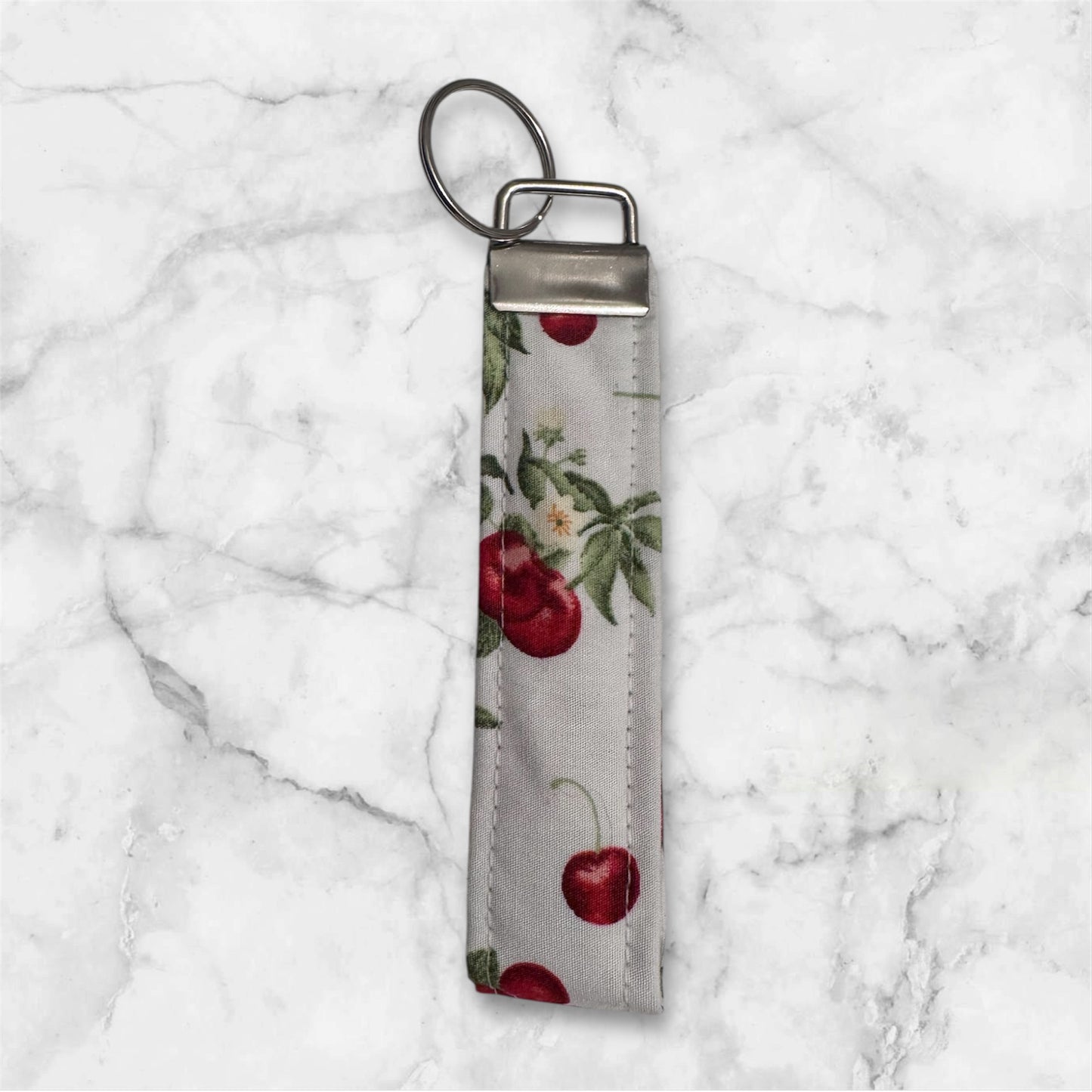 Handmade White Cherry Cotton Keychain Wristlet – Stylish Key Fob