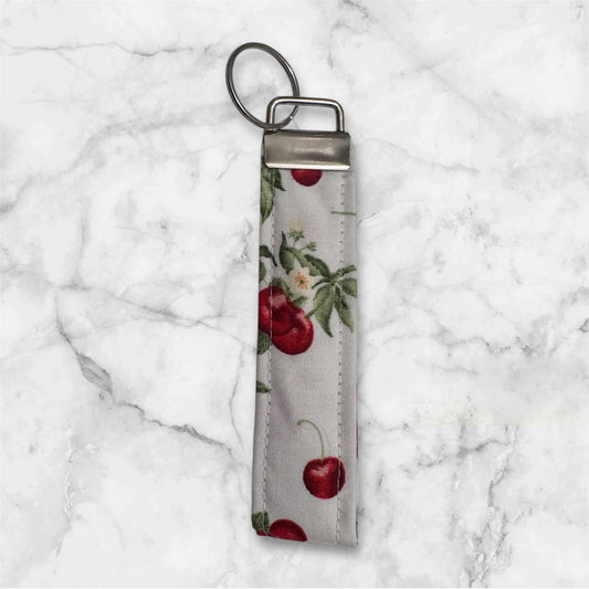 Handmade White Cherry Cotton Keychain Wristlet – Stylish Key Fob