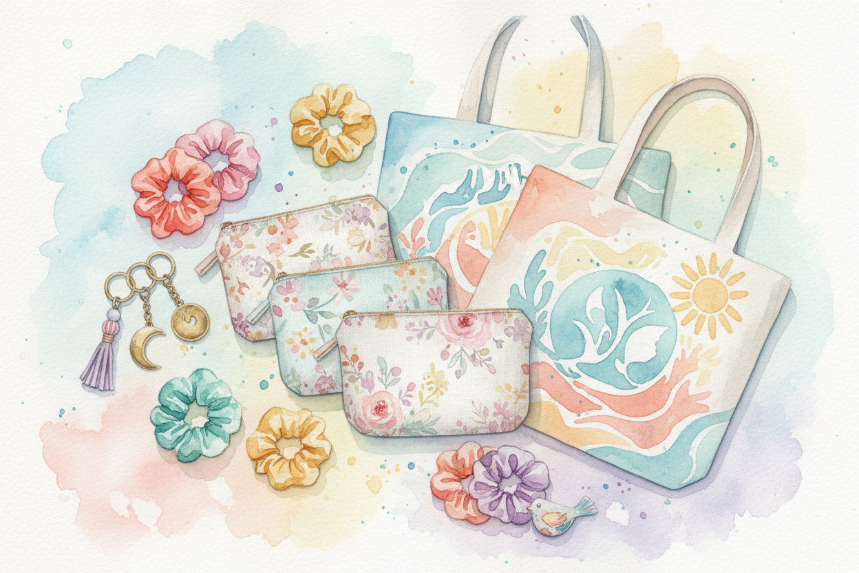 handmade items in a watercolour like make up bags, tote bags, scrunchies, key rings